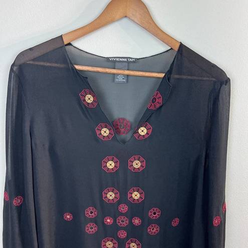 Vivienne Tam  Tunic‎ Top 3 (Large) Black 100% Silk Sheer Embroidery Slits