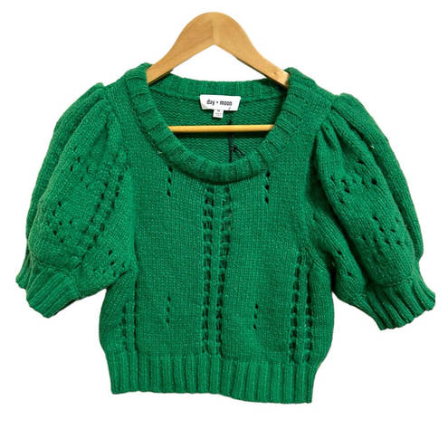 The Moon Day +  puff sleeve crochet knit green knit cropped sweater size Medium NEW