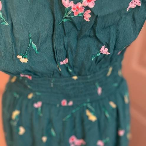 The Row  A teal floral double breasted gold button lined rayon midi dress size M.