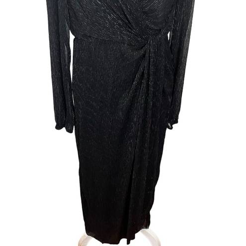 Baltic Born  Devlyn Pleated Midi Dress Black Shimmer V Neck Women’s Size L New