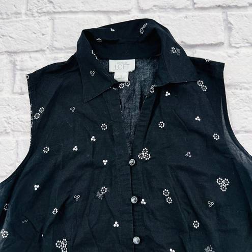 The Loft Ann‎ Taylor Shirt Women Small Black White Floral Sleeveless Collared Blouse