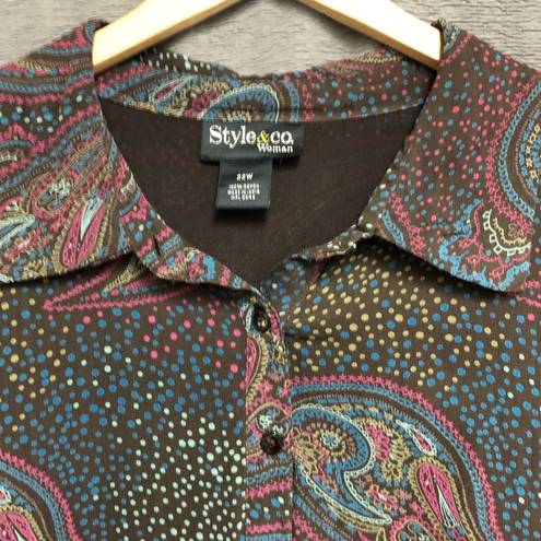 Style & Co , 22W button collared top, short sleeves, brown blue, maroon paisley