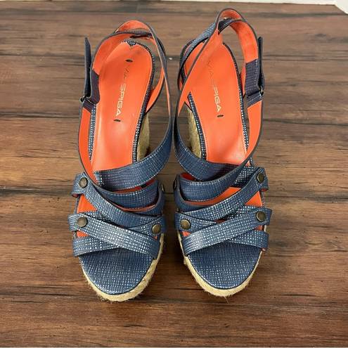 Via Spiga  Blue Metallic Espadrille Wedge Sandals - Size 9.5