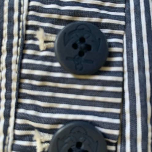 Talbots Petites Searsucker Skirt Navy Blue White Nautical Buttons Womens 12P