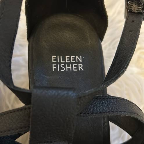 Eileen Fisher  Black Leather Gladiator Wedge Sandals