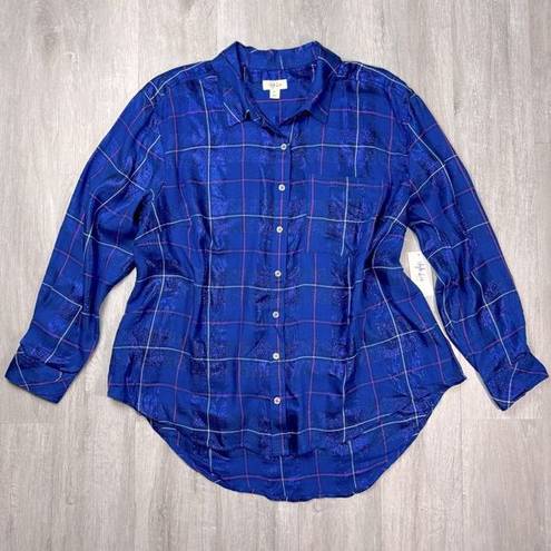 Style & Co Women's Plus Size Metallic Blue Plaid Button Down Shirt 2X