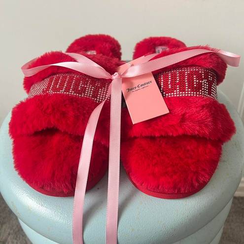 Juicy Couture fur slippers red silver rhinestone brand new y2k