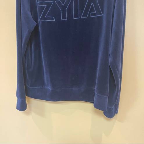 Zyia Active Velour Long Sleeve Sweatshirt Navy Blue Spell Out Athletic Womens M