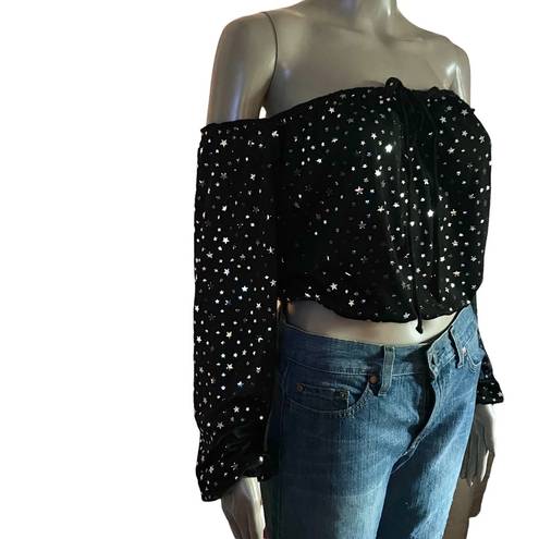 Honey Punch  metallic star print off shoulder crop top