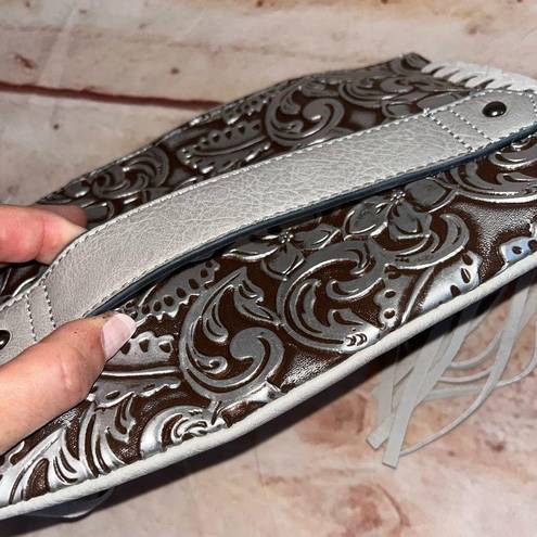 Justin Boots JUSTIN Leather Tooled Silver Clutch Bag with Frimge