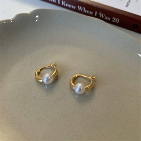 18K Gold Plated White Pearl Hoop Earrings for Women, Pearl Earrings