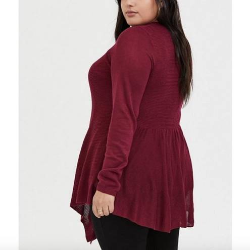 Torrid  00 Plus Size Cardigan Drape Front Sweater Burgundy Red Open Lightweight