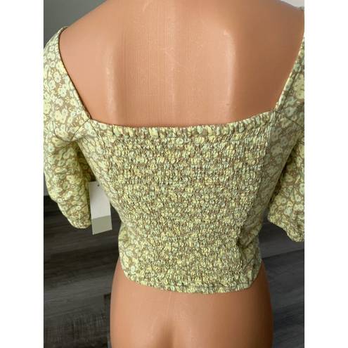 BP  Nordstrom Floral Linen Crop Top Size XS Puff Sleeve Smocked Green Yellow N2