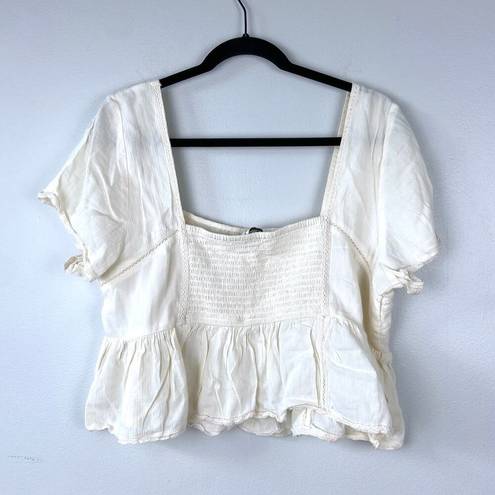 American Eagle Cropped Embroidered Babydoll Top in Cream Peplum Size Large