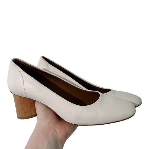 COS  Cream Leather Round Toe Wooden Heel Pumps