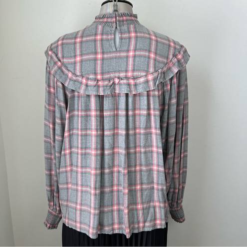 Peace Love World  plaid mock Neck Blouse Top Size M Smocking Detail