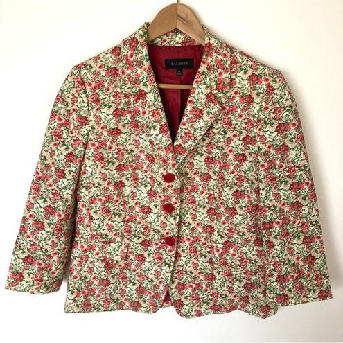 Talbots  Floral Pink Green Jacket Blazer Watercolor Rose 3/4 Sleeves Size 10