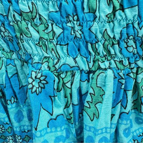 Funky People Turquoise Boho Mixed Floral Smocked Strapless Midi Sundress Large