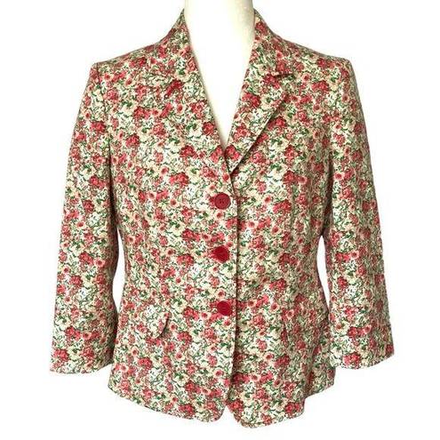 Talbots  Floral Pink Green Jacket Blazer Watercolor Rose 3/4 Sleeves Size 10