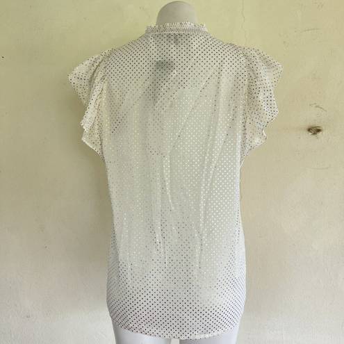 Tommy Hilfiger  Mock neckline ruffle Flutter Sleeve top MEDIUM pin dots off white