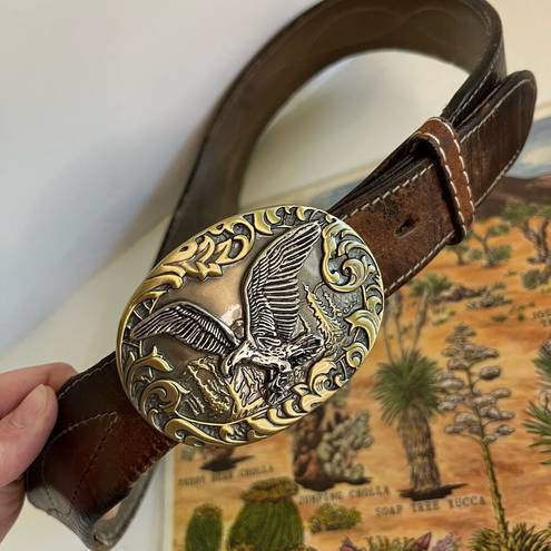 Vintage Distressed Stitched Brown Genuine Leather Eagle Buckle Belt