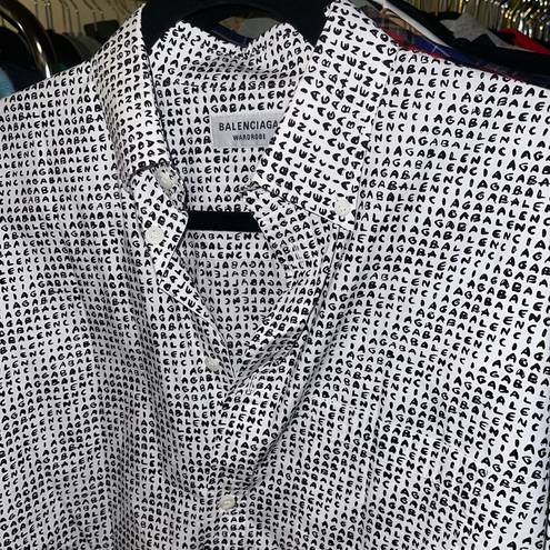 Balenciaga  Micro Brand Print Cotton Blouse White Black Logo Button Down