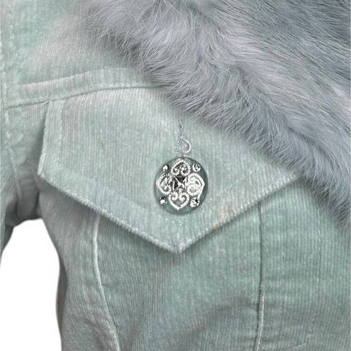 Arden B Womens  Mint Green Rabbit Fur Collar Belted Jacket Rhinestone Buttons Y2K