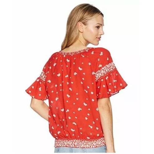 The Moon ✨Ella Top Boho Sz Large  Shirt Red Smocked Waist Ruffle Sleeve Tassel Tie✨