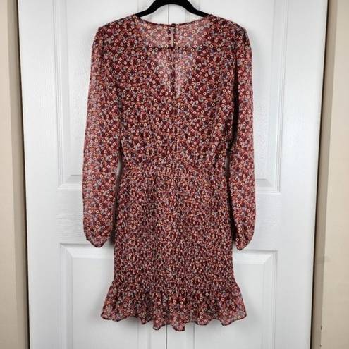 The Row  A Burgundy Floral Long Sleeve Ruffle Smoked Dress Long Sleeve Size L