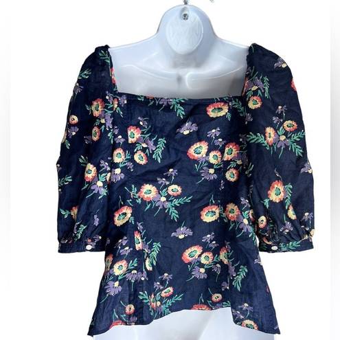 Polo  Ralph Lauren Stan Linen Blue Floral Puff Sleeve Square Neck size 8