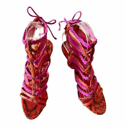 Brian Atwood  Felisa Sandals Mixed Media Strappy Braided Leather Orange Pink 7