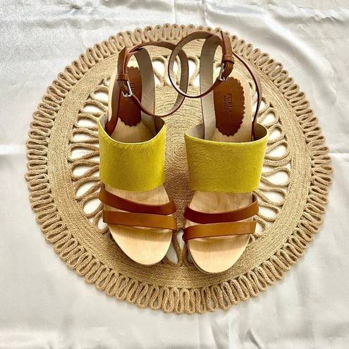 Furla  Yellow Calfhair Brown Leather Gina Wooden Clog Sandal Size 38