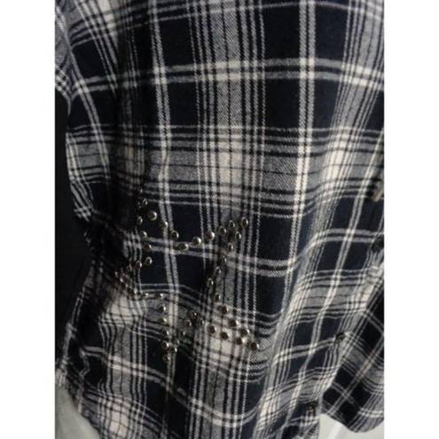 Dance & Marvel  women's L Flannel Cropped Hooded Button-down Star studded top