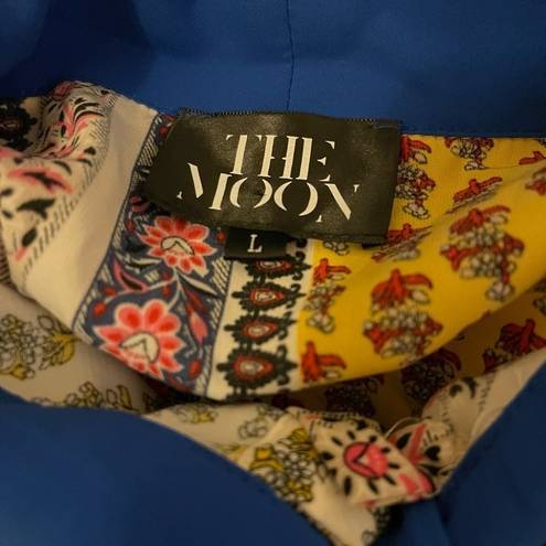 The Moon  silky patchwork look button down blouse w/blue bow tie & pearly buttons