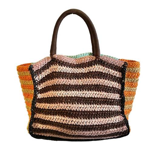 Roller Rabbit Silk Raffia Multicolor Striped Hanai Tote Bag Purse