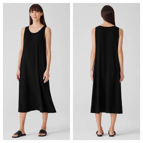 Eileen Fisher  100% Silk Scoop Neck Tank Midi Dress Large Black Lagenlook