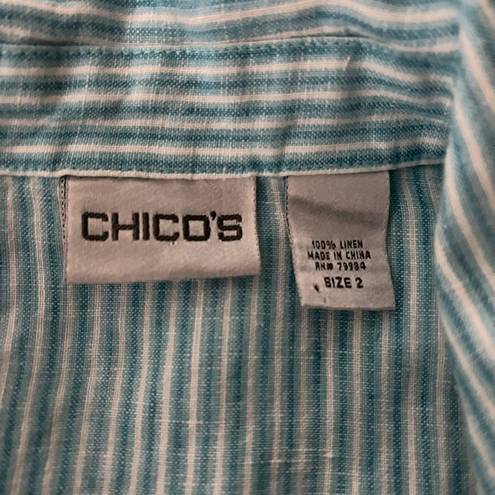 Chico's  Button Front Linen Relaxed Fit Blouse Blue/White Stripe, Sz Large…