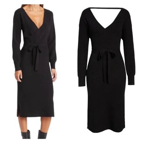 Chelsea28  Belted Long Sleeve V-Neck V-Back Sweater Dress in Black Sz XS NWT