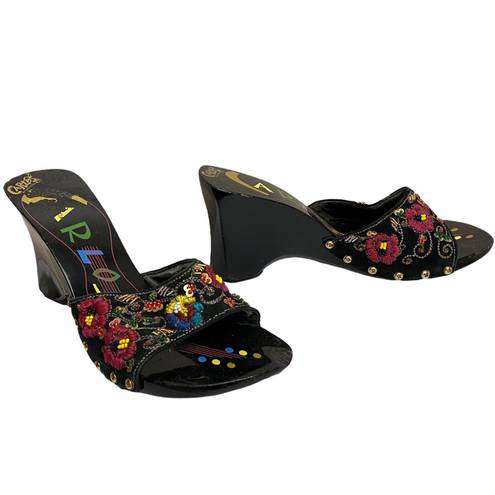 Carlos Santana  Embroidered Black Lacquer Wooden Wedge Slip-On Mules Size 6 1/2