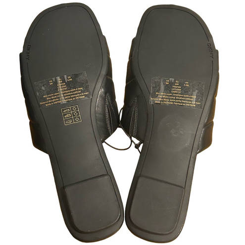 DKNY  Logo Flat Slides Womens Sz 8.5M Black Gold Accents Square Toe Faux Leather