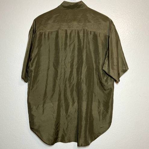 Nordstrom 80s Vintage CLIO For  Button Down Shirt 100% Silk Short Sleeve Green L