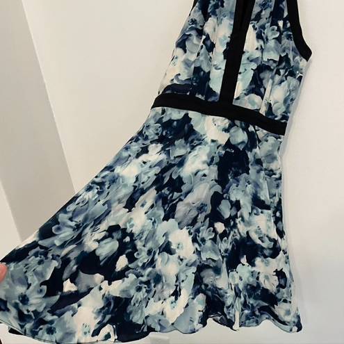 Parker  Nika Keyhole Dress Blue Floral Black Trim Sleeveless SILK Mini Fit Flare