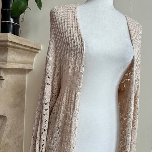 Lush Clothing LUSH Light Beige Long Sleeve Open Knit Fringe Trimmed Women Size S Long Cardigan