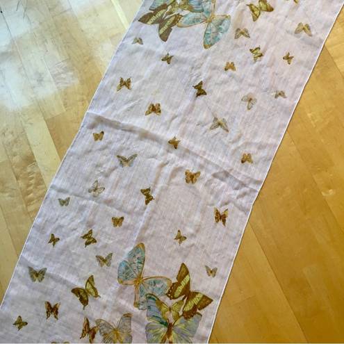 Ecru Butterfly Print Sheer, Lightweight Scarf, Ivory, Cream, , Colorful