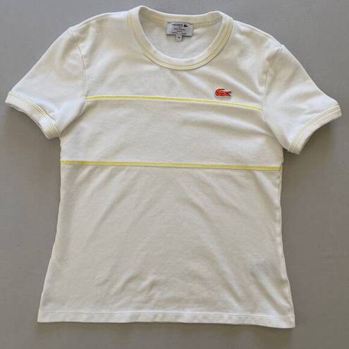 Lacoste  Top Womens 36 Small White Yellow Pique T Shirt Tennis Preppy Organic