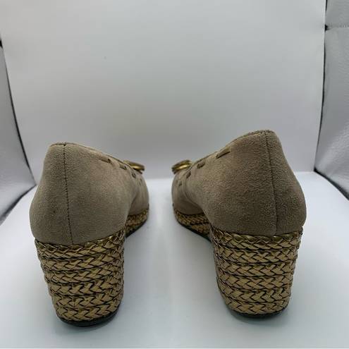 Ralph Lauren  Tan Cambree Tassel Bow Braided Woven Gold Heel Wedge  Womens Sz 8