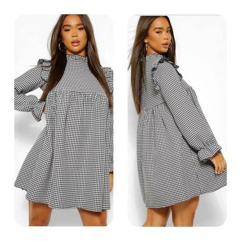 Boohoo  Dogtooth Frill Detail Smock Dress Women’s Size 8