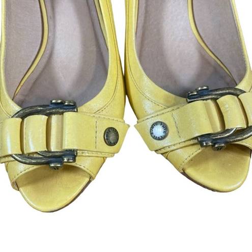 Frye  Yellow Leather Buckle Detail Peep Toe Wedges Women SZ 6