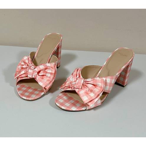 Draper James RSVP Pink White Gingham Plaid Checkered Bow Peep-Toe Open-Toe Heels Sandals Slides Shoes Size 8.5 🤍🩷