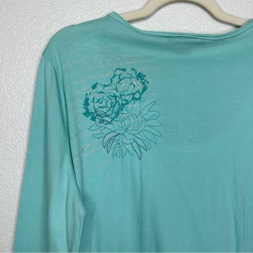 Style & Co NWT  Green Embroidered Henley 3/4 Sleeves Top